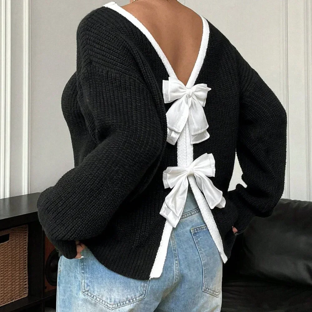 Plus Size Black Casual Women's Bowknot Crew Neck Long Sleeve Sweater - Picture 3 of 9